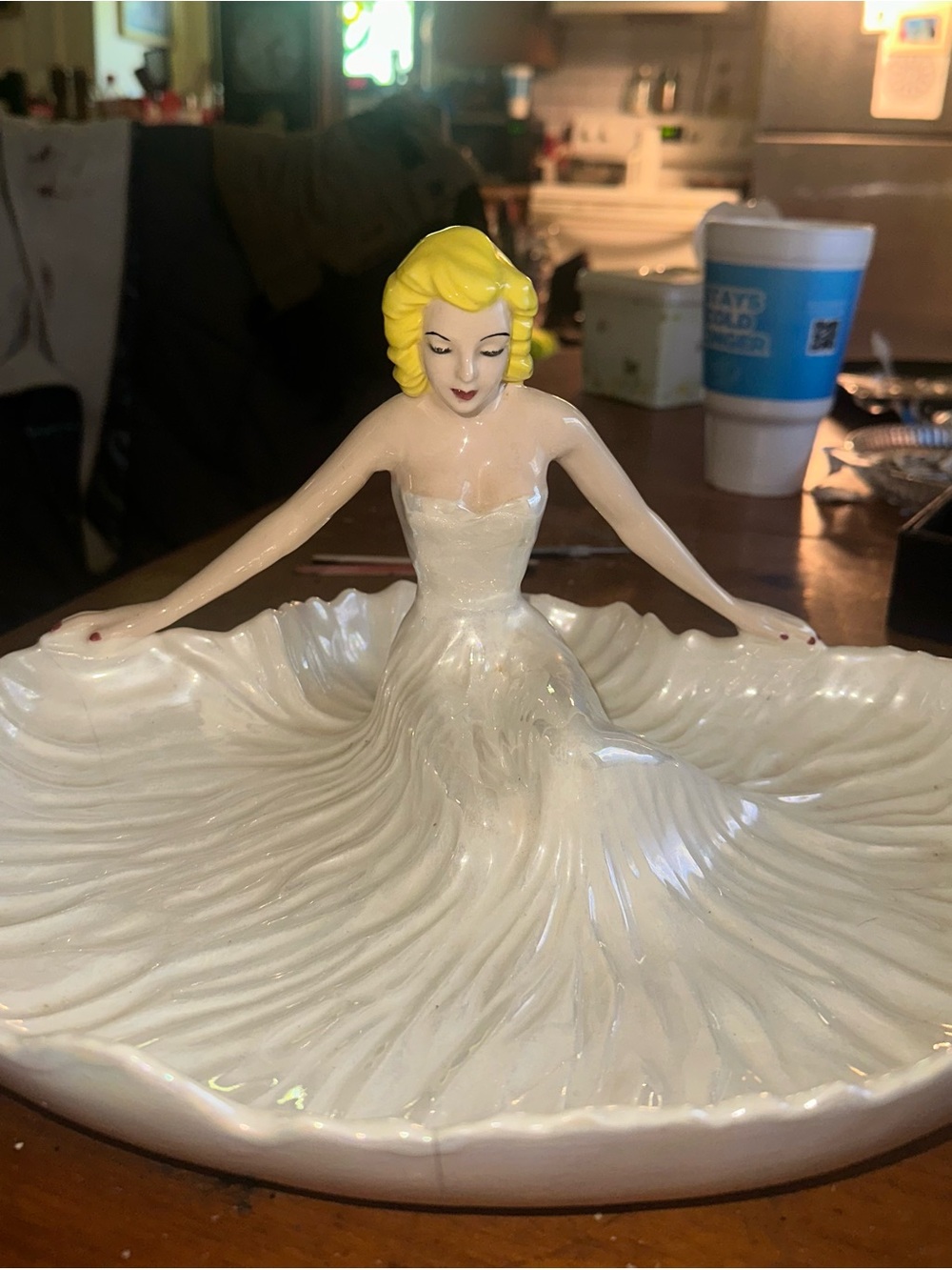 Source Unknown vintage  White Ceramic Dancing Lady Dish with Yellow Hair